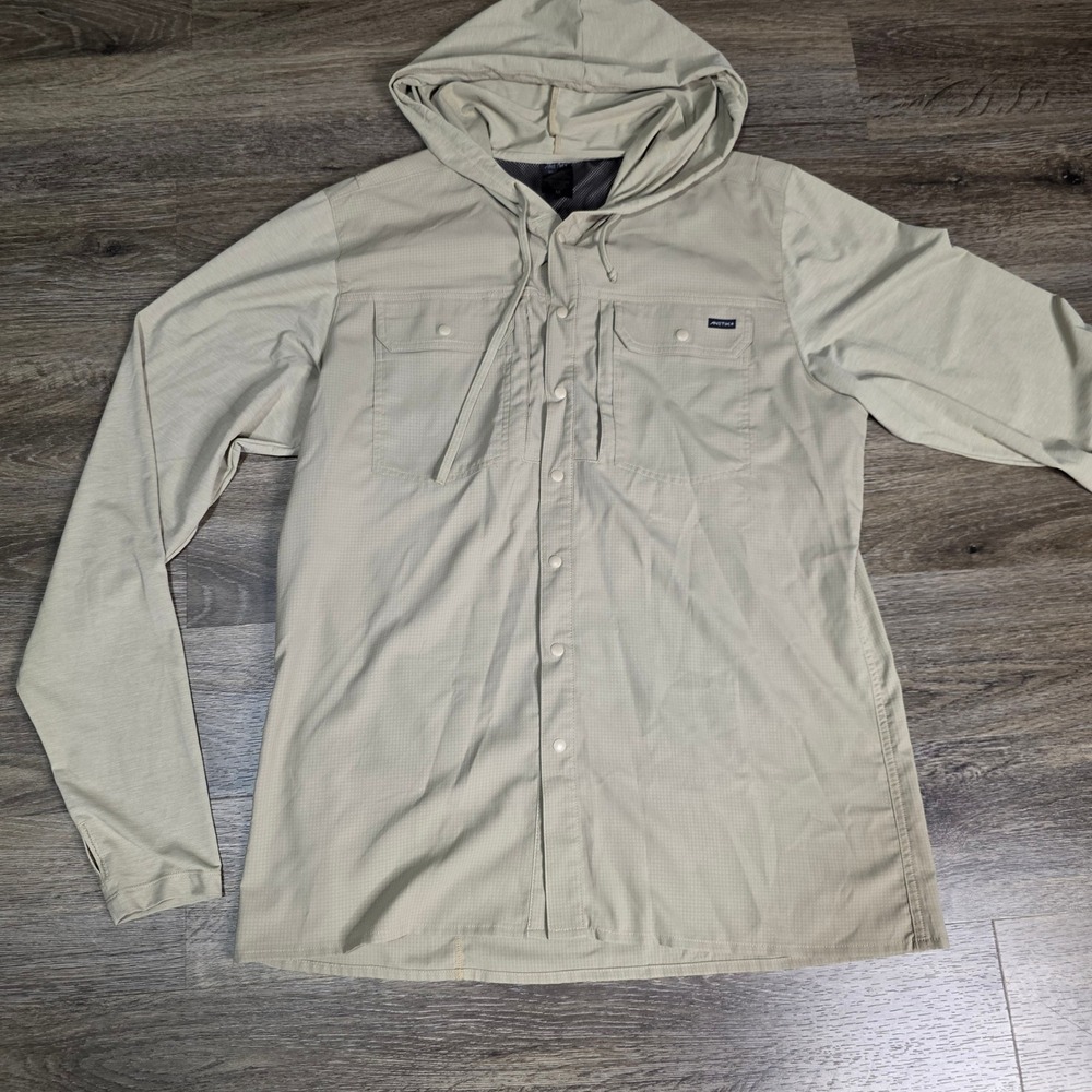 Anetik Mens M Hooded Sun Shirt Tan VINT UV Tech Ripstop Snap Front Fishing Hike